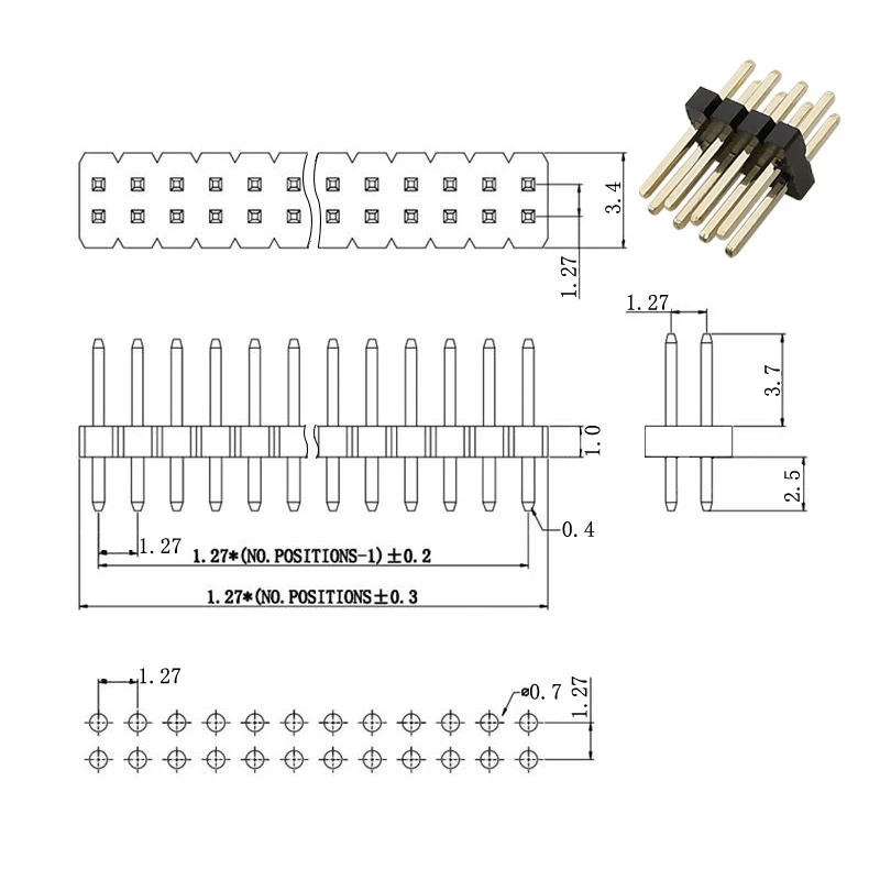 10Pcs 1.27 mm Pitch Double Row Male Breakaway Pin Header 2*2/3/4/5/6/7/8/10/12/15/20/25/30/40/50 Pin PCB Board Connector Strip