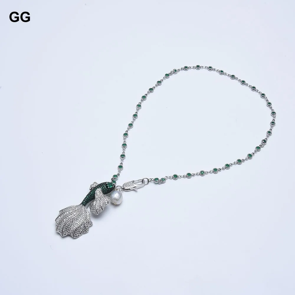 Imagem -05 - Gg-colar de Pérolas Keshi Branco Natural para Mulheres Pingente de Zircônia Verde Corrente de Peixe Micro cz Pave Broche Pingente para Meninas