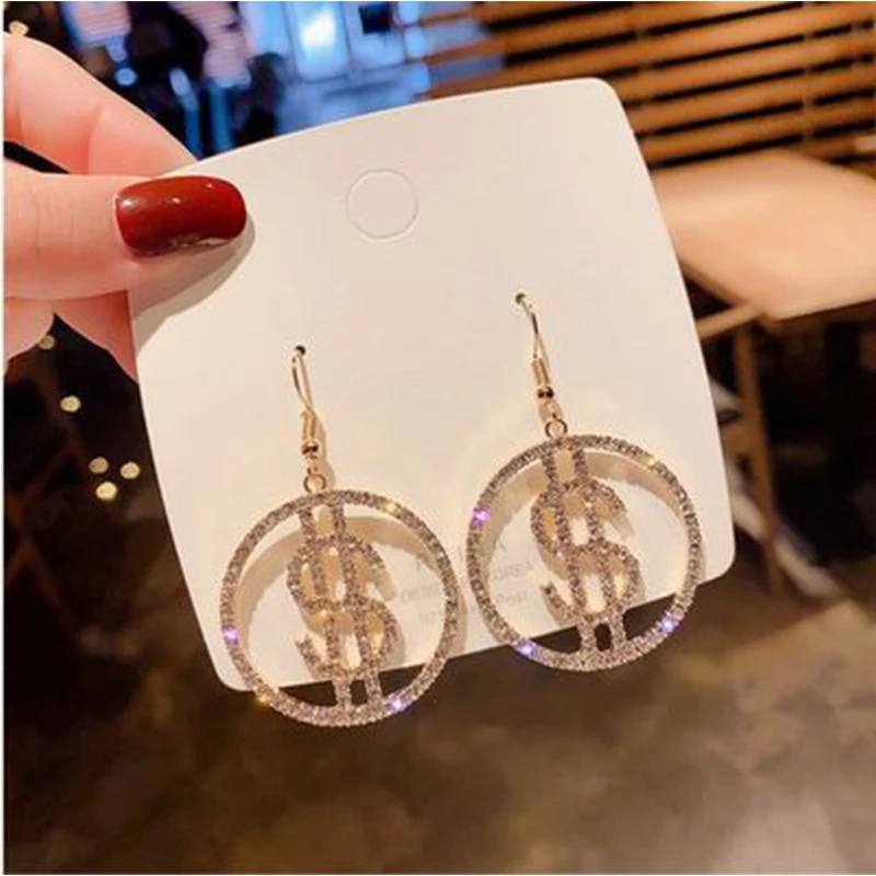 New Design Earring Jewelry Crystal Drop Dangle Earrings for Women Luxury Money Sign  Rhinestone Earrings Accessories