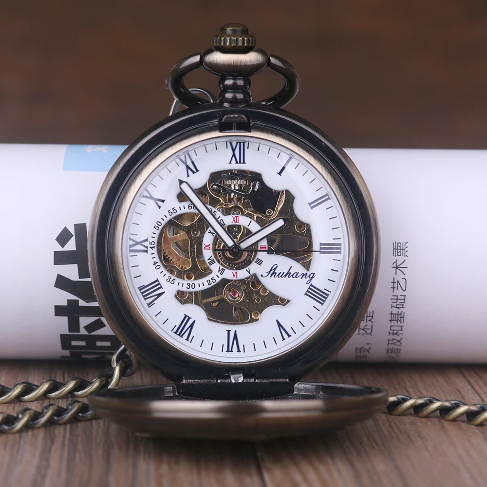 New Fashion Classic Single Open Train Skeleton Roman Number Men's Mechanical Pocket Watch Women Men Gifts