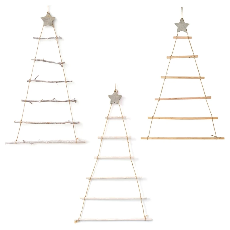 2024 New Wooden Christmas Tree Ornament Wall Mounted Xmas Tree with Branch Ladder for Home Living Room Background Decor