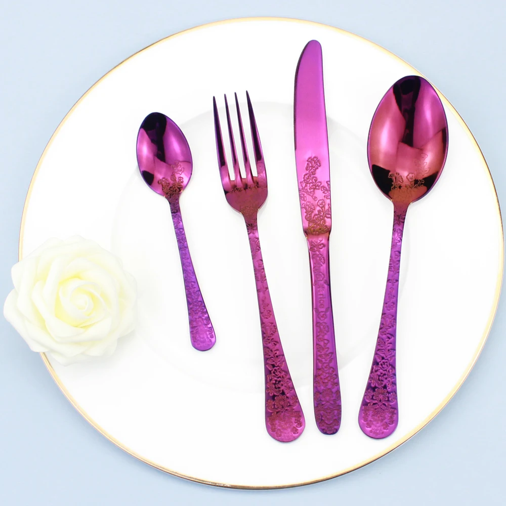 Fantastic Oriental Style Embossed Flower Pattern 4 in 1Cutlery Set Stainless Steel Artistic Floral Dinnerware Utensils For Home