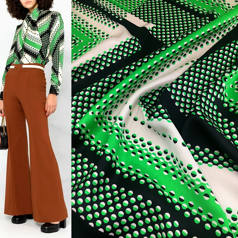 Polka dot geometric printing green silk stretch twill dress digital printing fabrics natural mulberry silk high fashion sewing