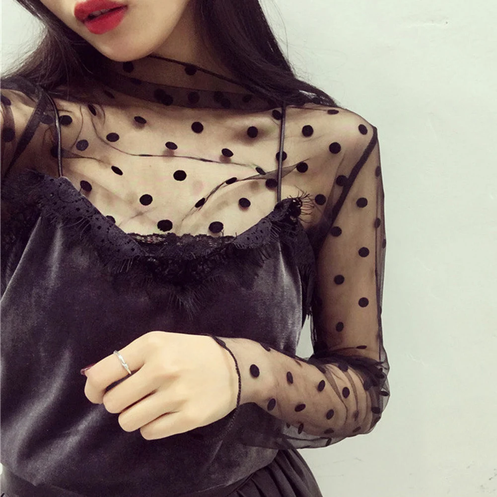 Women's Sexy Mesh Sheer Lace T-Shirts Perspective Long Sleeve Stand Collar Mesh Tops Striped Polka Dot Stars Party Tee Shirts