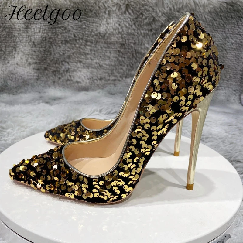 Heelgoo Glitter Sequins Women Sexy Pointy Toe High Heel Wedding Party Shoes Designer Gorgeous Stiletto Pumps Plus Size 43 44 45