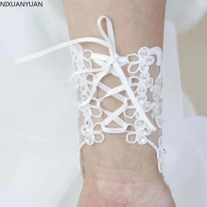 Luvas sem dedos com strass embutido, acessório para vestido de casamento, luvas de renda nupcial