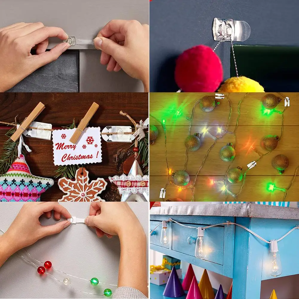 20pcs Mini Damage-Free Waterproof Wall Hooks for Home Hanging Christmas String Lights Garland Adhesive Decoration Clips