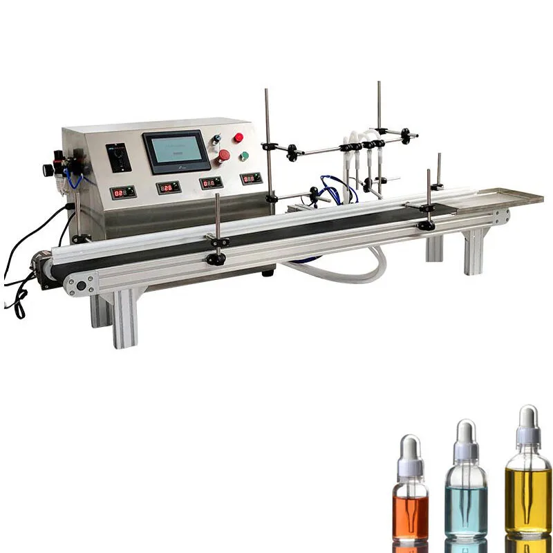 

High Production Four Heads Desktop Automatic Liquid Filling Machine With Conveyor Belt For Small Business