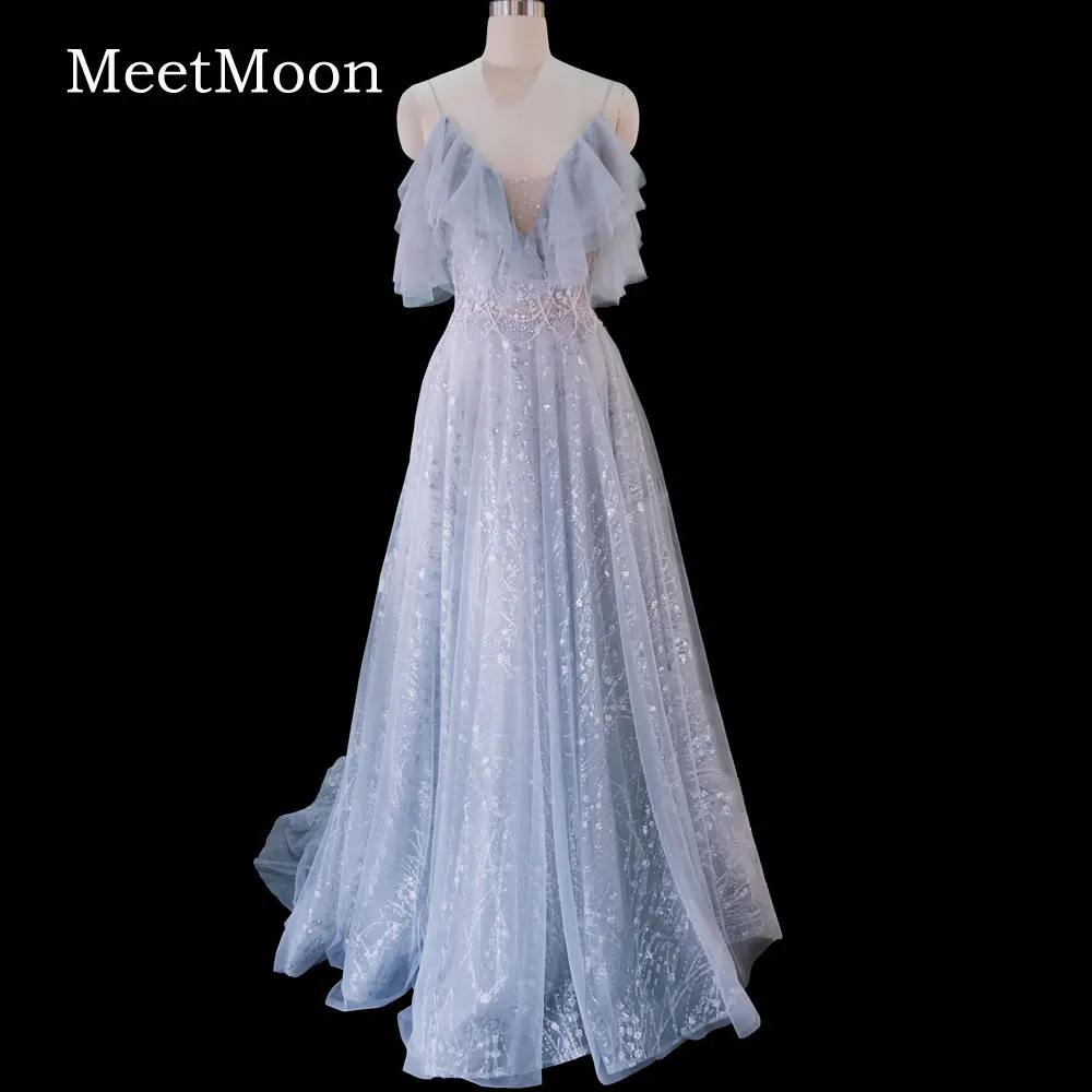 MeetMoon Evening Dress Long Luxury 2020 Party Gown Crystal Tassels Sequined Women V Neck Formal Pageant Dresses Robe De Soiree