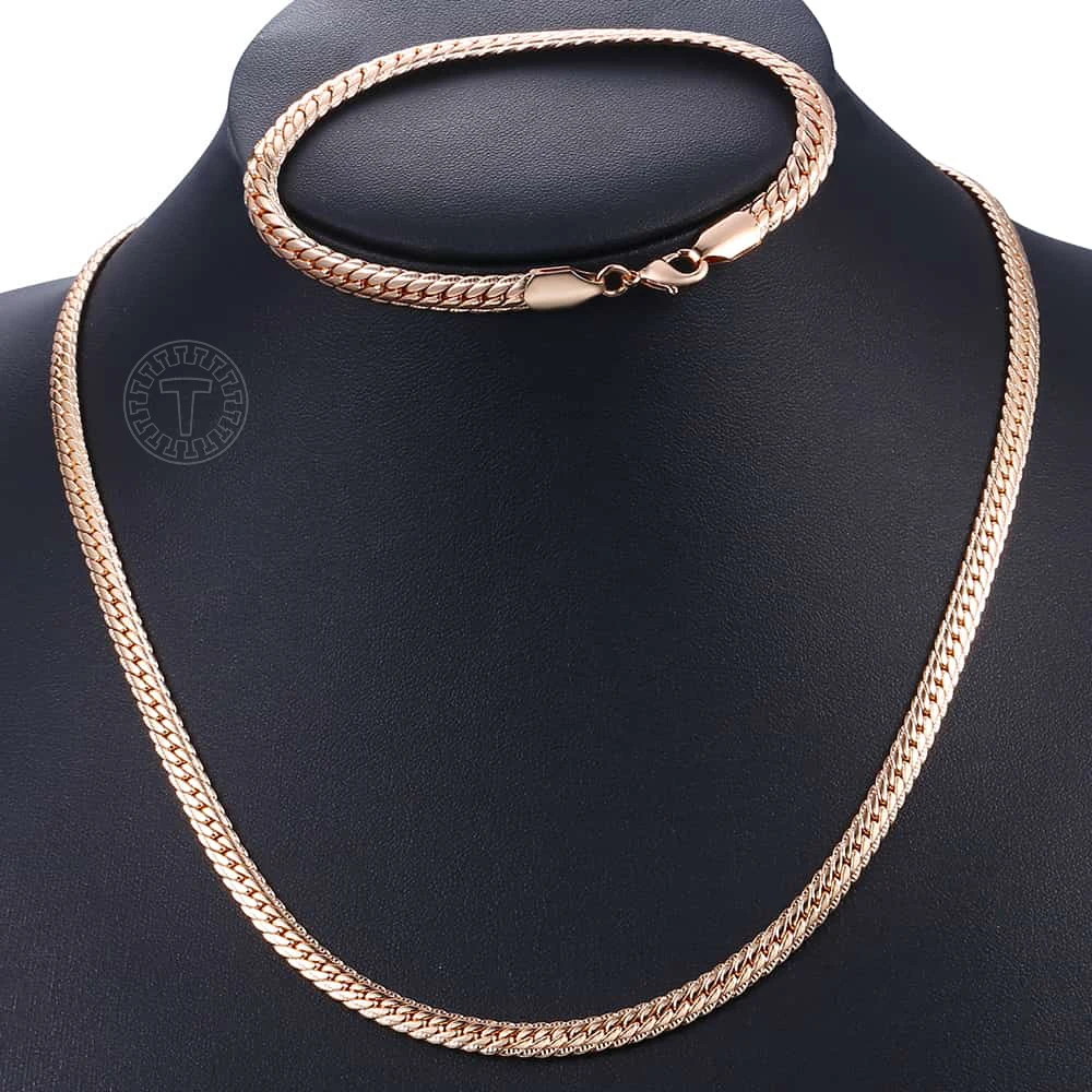 Davieslee Jewelry Set For Women 585 Rose Gold Color Braided Foxtail Link Chain Necklace Bracelet Set Dropshipping Jewelry DCSS1