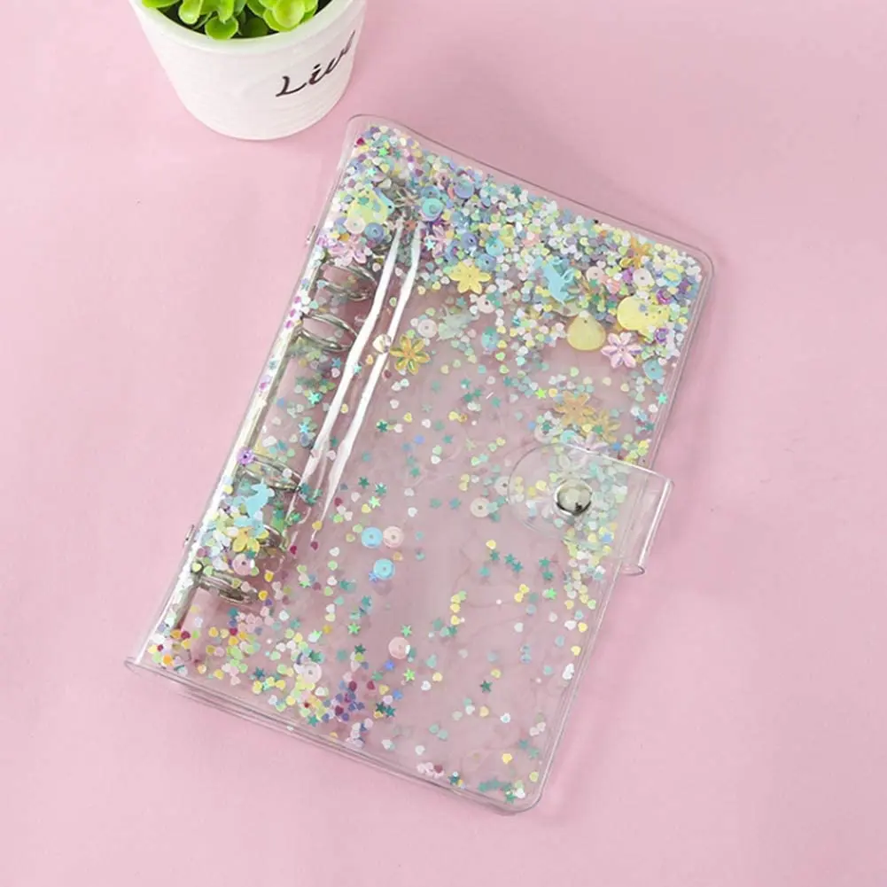 A5 6-Ring Loose Leaf Binder Cover PVC Glitter Planner Notebook Refillable Shell with Snap Button Closure For Round-Ring Pages