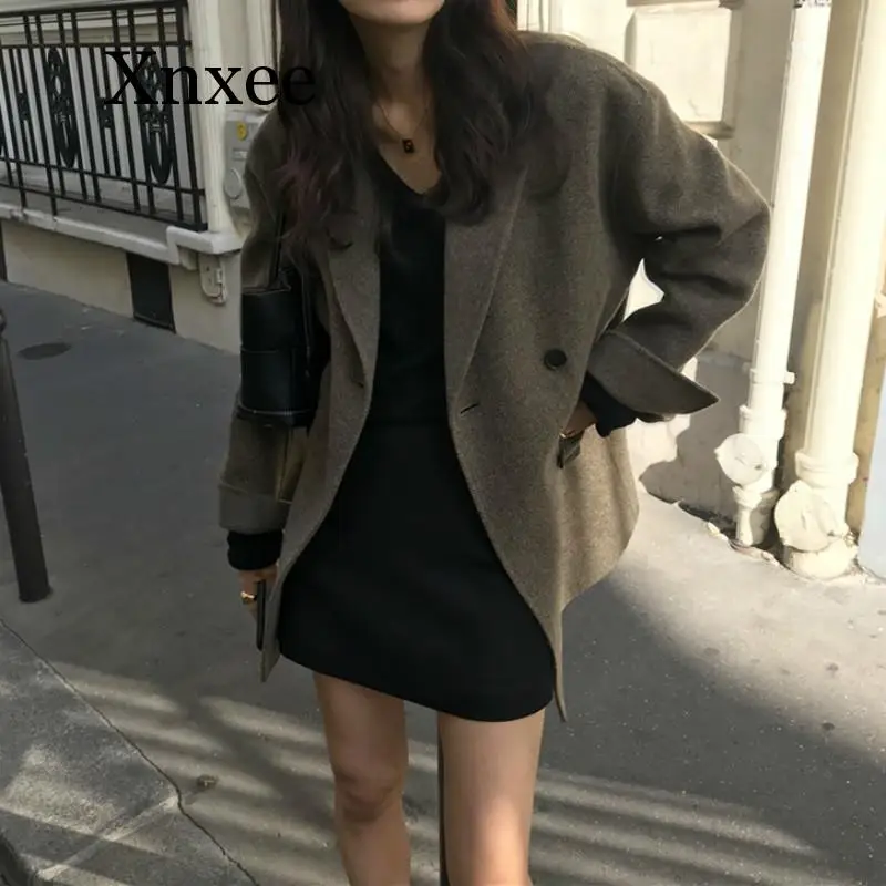 elegant Women Winter Elegant Short Cashmere Overcoat Wool Coat Loose Long Sleeve Double Breasted Parka Oversized Chic Cloak