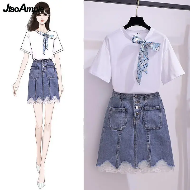 Fashion Clothing Set Women Summer 2022 Short Sleeve T-Shirt Mini Denim Skirts Suit Student Leisure Cozy Cotton Bow-Knot Tops