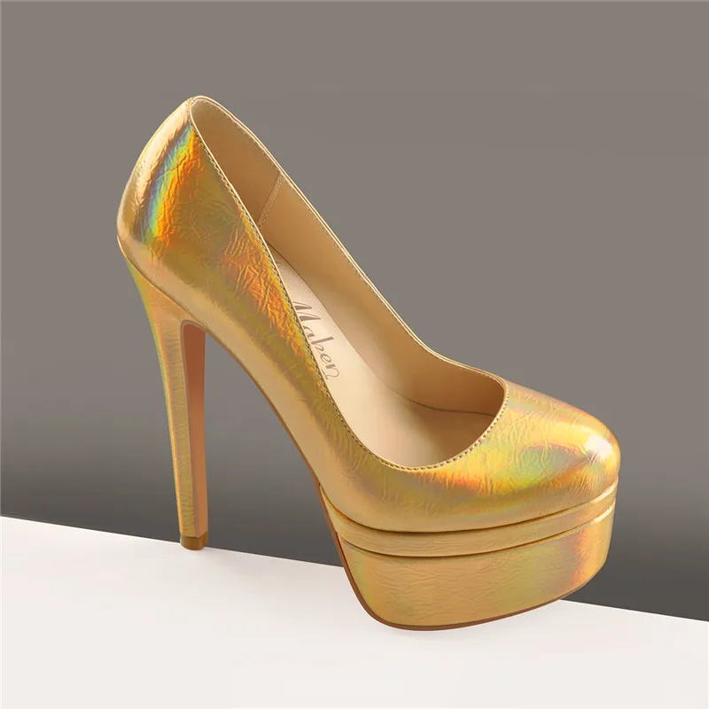 Onlymaker Women Colorful Round Toe 16CM High Heel Platform Stiletto Slip On Pumps For Party Dressing Gold and Silver Shoes