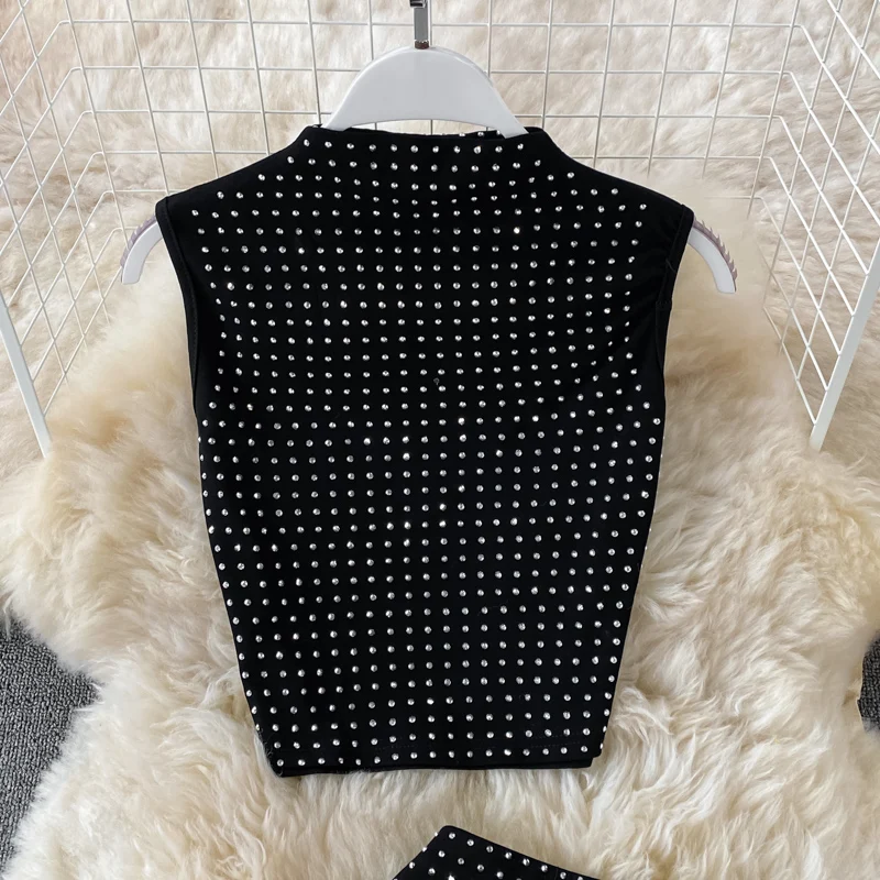 Conjunto de 2 piezas de diamantes negros para mujer, Tops cortos sin mangas y falda dividida de cintura alta, trajes de dos piezas para fiesta, moda de Club