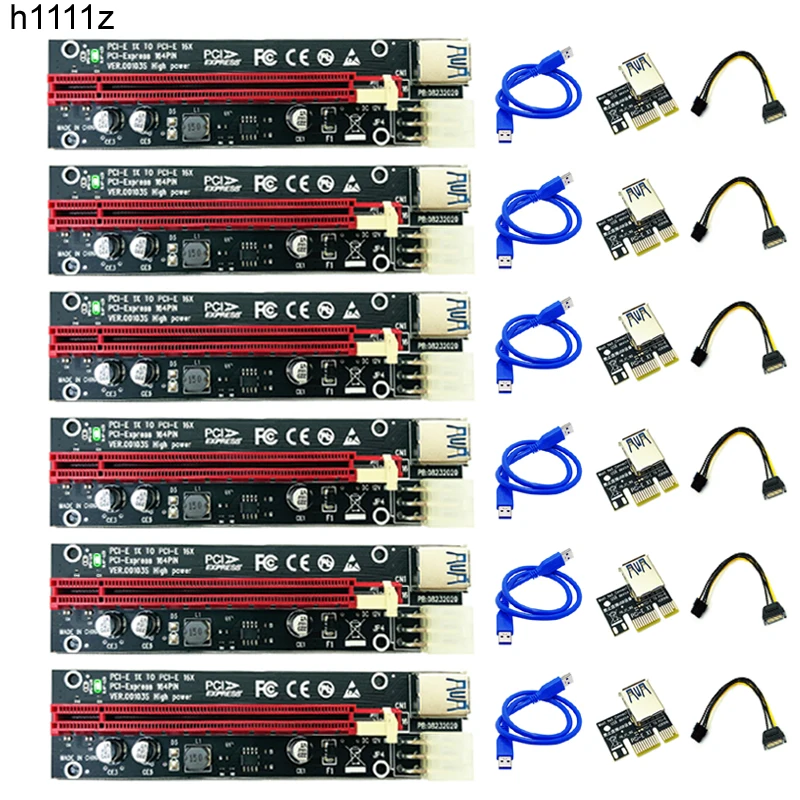 

6PCS PCIE Riser PCI Express X16 Cabo Riser Card Riser PCIE X16 Extender PCI E USB 3.0 Cable 6Pin SATA Power LED for Miner Mining