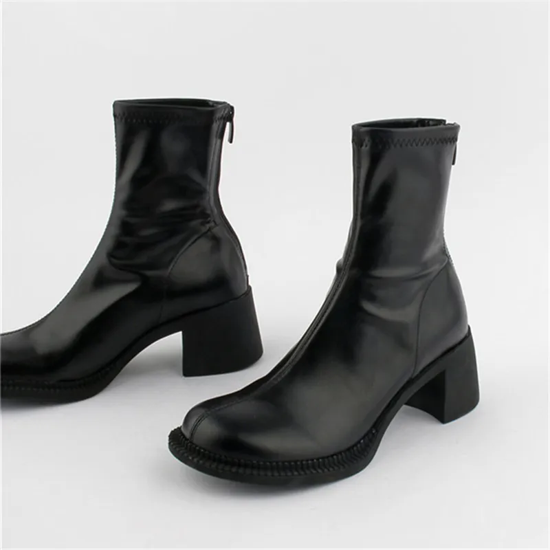 

Sexy Black Women Ankle Boots Chunky High Heel Elastic Sock Boot Ladies Shoes Round Toe Slim Fit Short Booties Autumn Botas Mujer