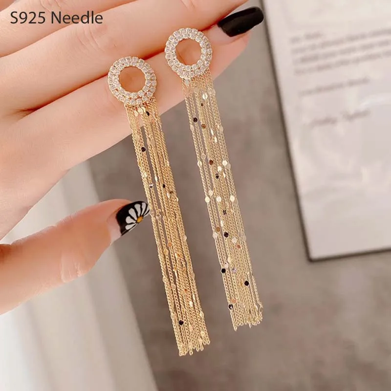 Real 925 Sterling Silver Needle Long Dangle Earrings for Women Jewelry Bling Gold Tassel CZ Female Drop Earrings