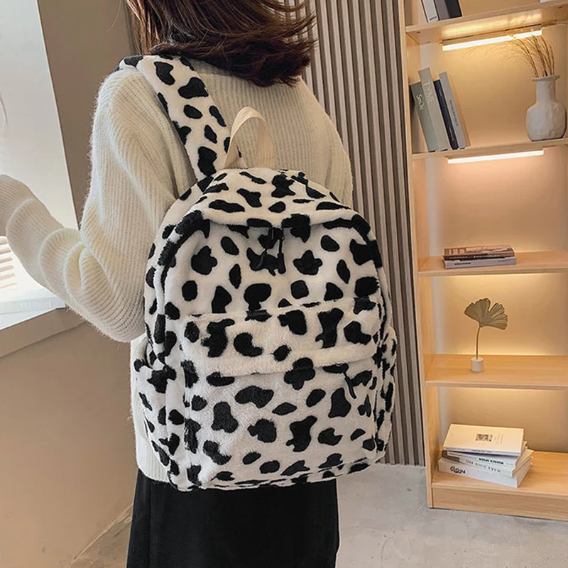 Winter Fashion Plush Backpack Shoulder Bags For Women Cute Cow Large Capacity Knapsack Student Book Bag Rucksack