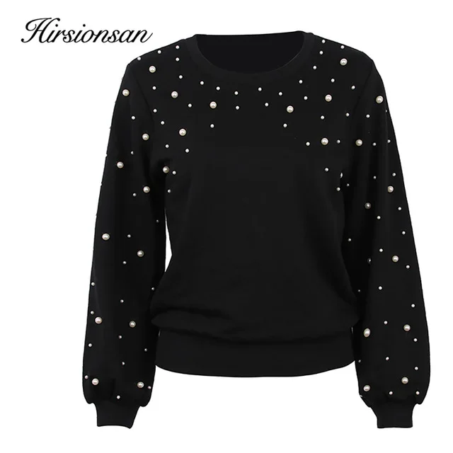 Hirsionsan Pearl Beading Hoodies Sweatshirt Women Black Tops Harajuku O-Neck Long Sleeve Pullover Sweatshirt Ladies Casual Tops