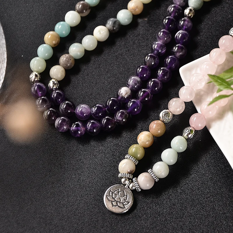 108 Mala 8mm Natural Amethyst Amazonite Rose Quartz Beaded Elastic Cord Wrap Bracelet Yoga Jewelry Men and Women Charm Bangle