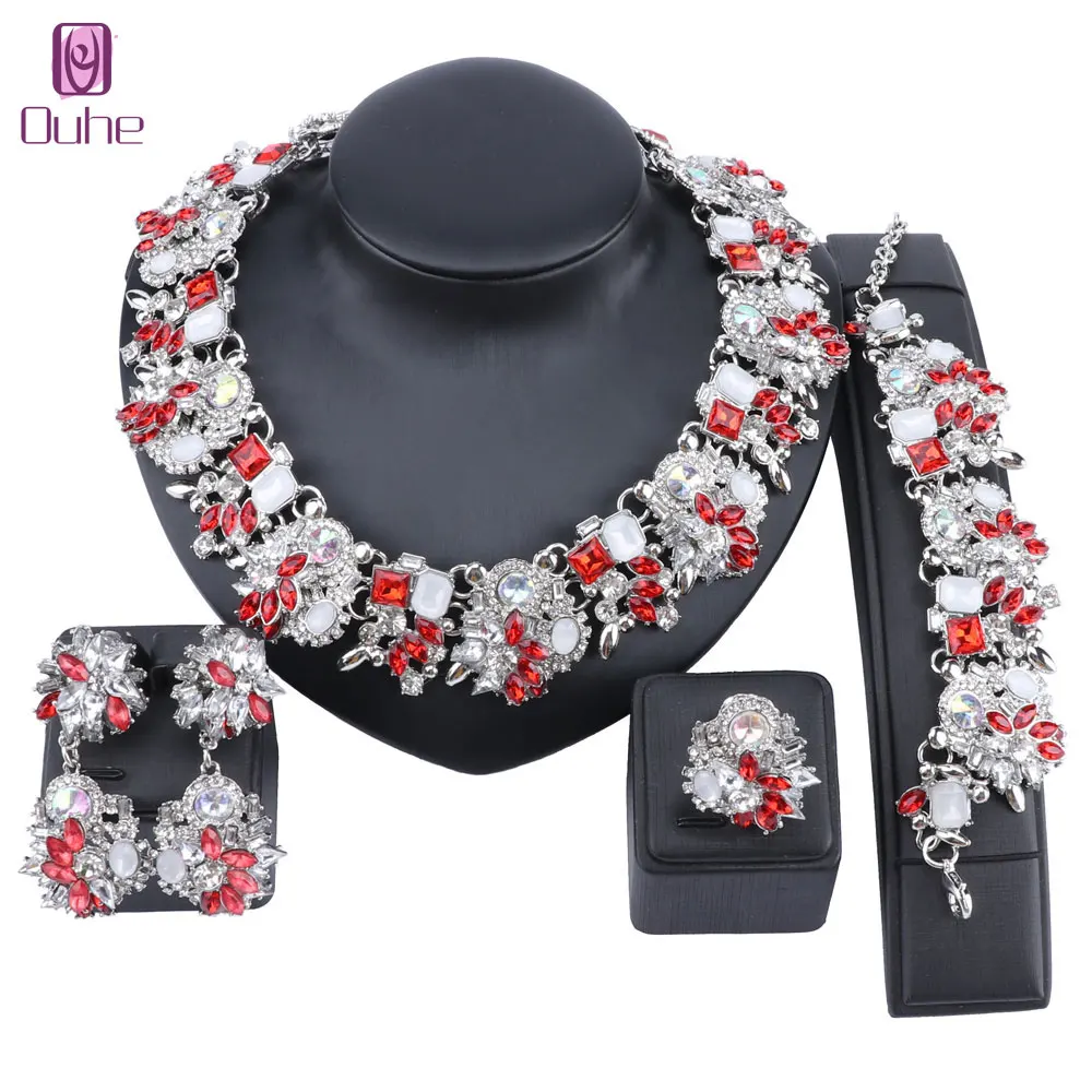 

Women Chunky Chain Choker Bib Statement Crystal Necklace Earring Bracelet Ring Bridal Christmas Gift Jewelry Set