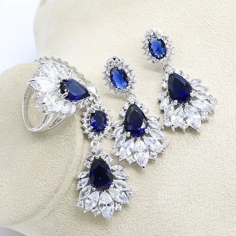 Blue Sapphire 925 Silver Bridal Jewelry Sets Earring For Women Pendant Necklace Ring Bracelet Free Gift Box