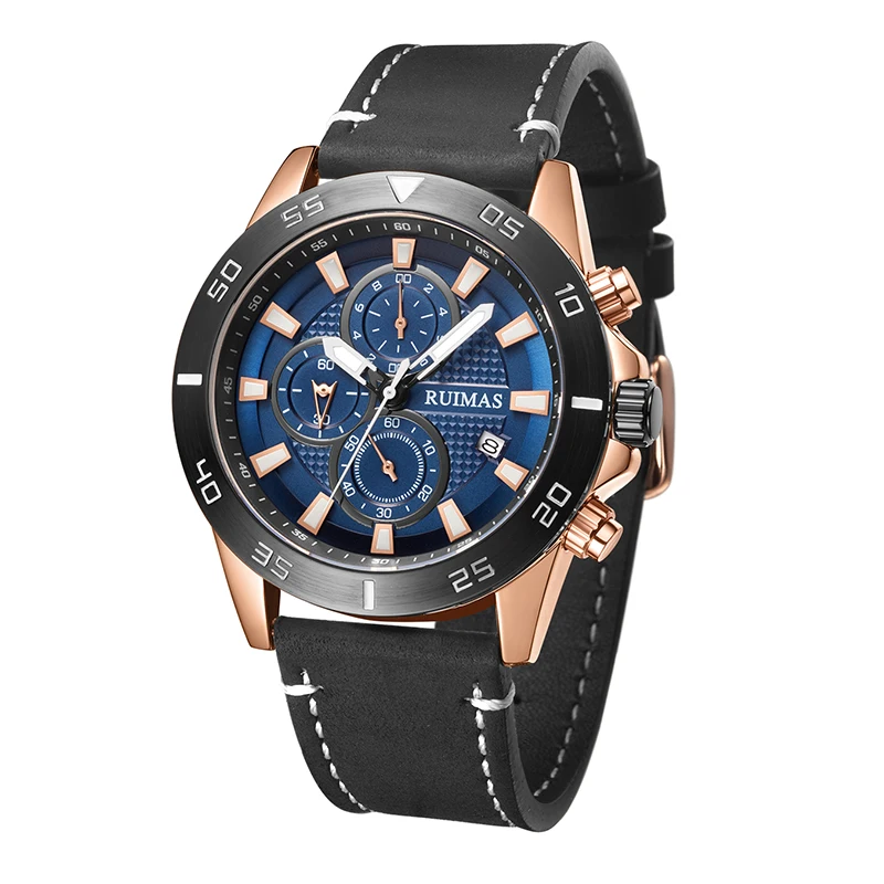 RUIMAS Official Quartz Men Watches Fashion Genuine Leather Chronograph Watch Clock for Gentle Men Male Students Reloj Hombre 572