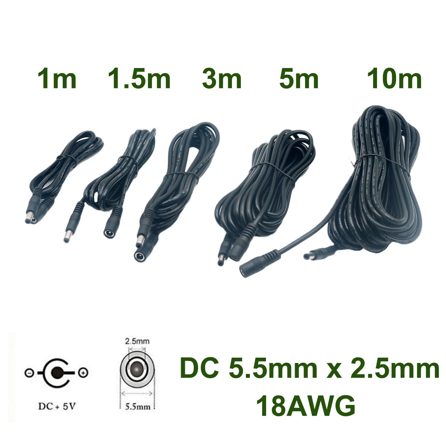 1pc CCTV DC Power 5.5mm x 2.5mm Male To Female Adapter Connector Extension Cord Extender Converter Cable 18AWG