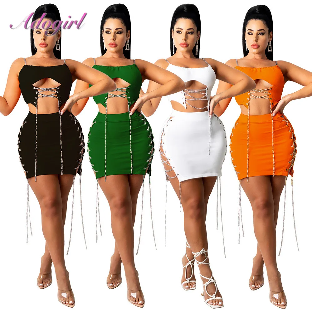 

Casual Cross Chain Skirt Two Piece Set Solid Bandage Hollow Out Crop Top Mini Skirt Suit Sexy Outfit Party Clubwear Matching Set