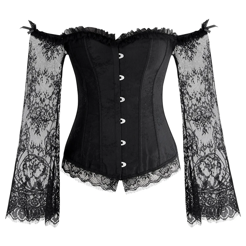 Steampunk Corset Bustier Gothic Corselet Corset Women Bustier Long Sleeve Lace Floral Off Shoulder Sexy Party Corset