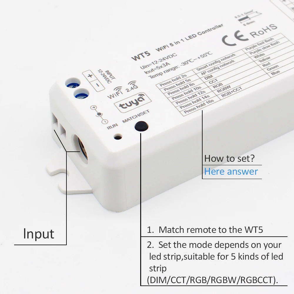 MJJC Tuya Smart Life LED Controller RGBCCT DC 12V 24V 5 in 1 Dimmer 2.4G RF Wireless Remote LED Strip Light funziona con Alice WT5