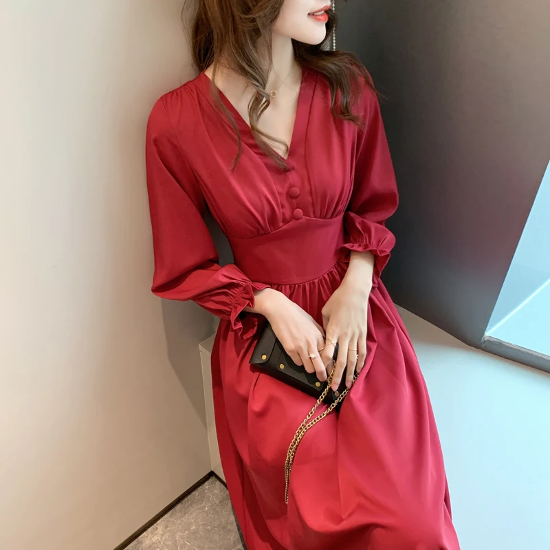 

Woman Dress 2020 Autumn Winter New Style V-neck High Waist Long Sleeve Chiffon Dress Red Dress Elegant Ladies Office Dresses