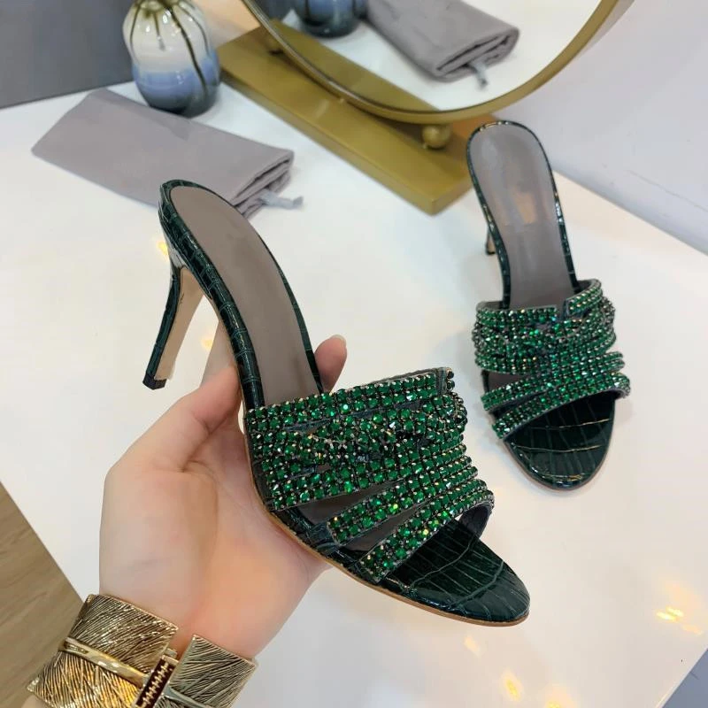 Sexy Crystal Rhinestone High Heel Sandals Women Open Toe Thin Heel Cut Out Genuine Leather Stone Grain Slip-on Summer Shoes