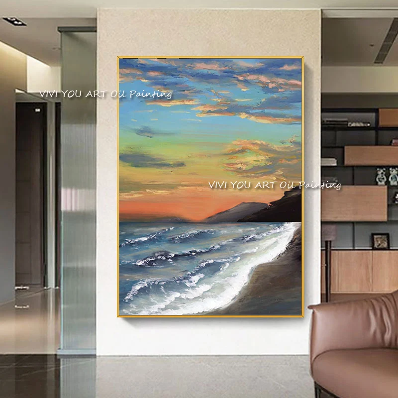 100% Hand painted colorful sunset ocean oil painting romantic knife canvas handmade modern artist home decoration wall art