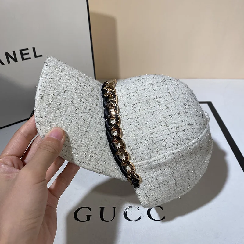 USPOP New Winter Autumn Chic Casual Outdoor Cap Women‘s Tweed Baseball Caps with Chain