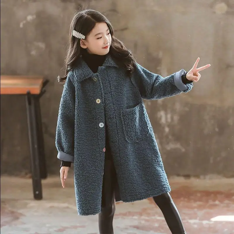 Beautiful Girl Coat Outwear Spring Jacket Long Warm Plus Velvet Baby Teenage 4-14Y Beige Green High Quality Children Clothing