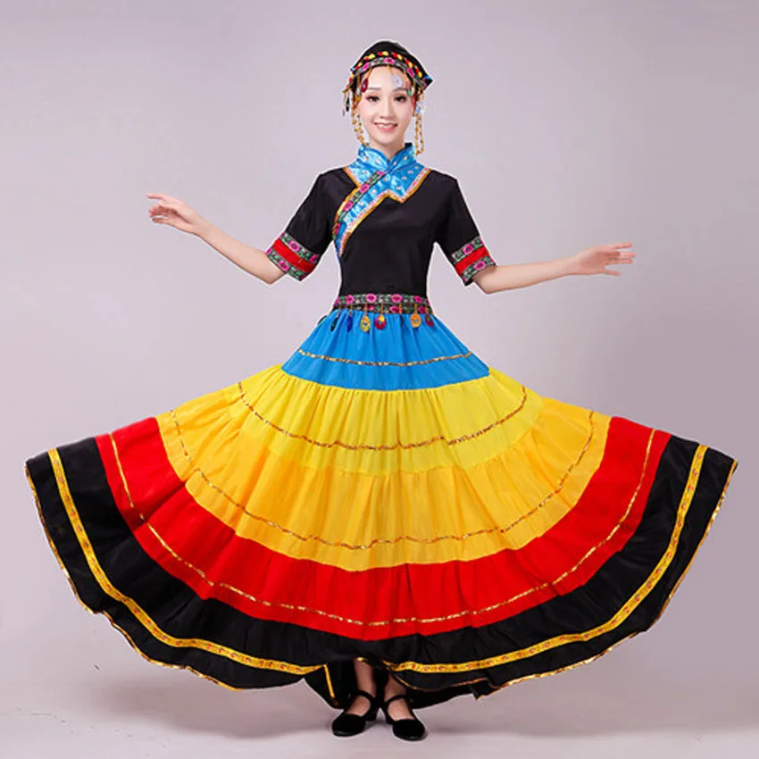 Patchwork Rainbow Color Flamenco Skirt for Women Gypsy Girls Big Swing Spanish Toreo Belly Dancing Costumes Performance