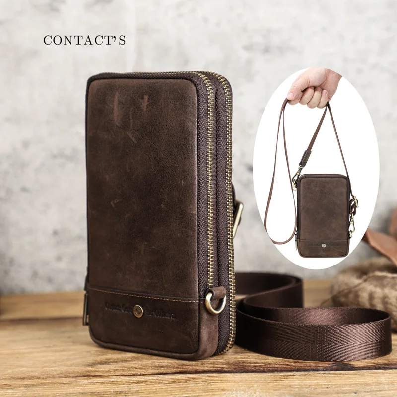 New Men\'s Leather Shoulder Bags Wallet Card Holder Messenger Bags Crazy Horse Cowhide Men\'s Mobile Phone Bag Waist Bag