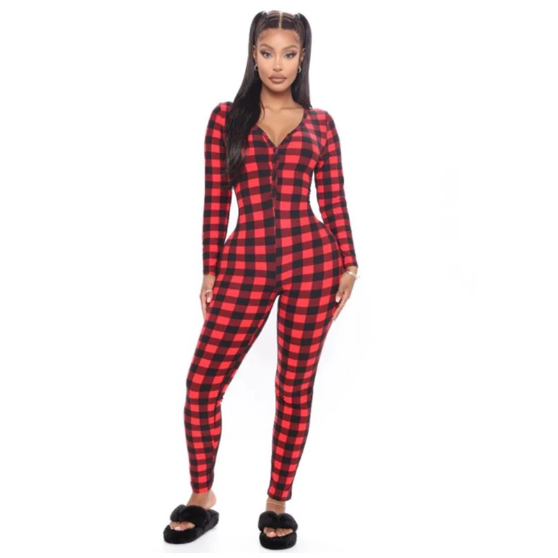 Women's Romper Christmas Rompers Womens Jumpsuit Plaid Jumpsuit Elastic Casual Long Sleeve V-Neck Buttons Sleepwear Homewear