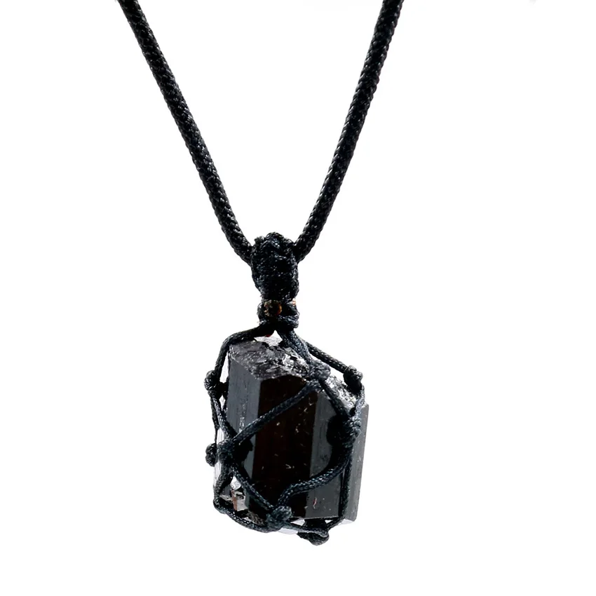 FYSL Handmade Weave Irregular Shape Black Tourmaline Stone Pendant Rope Chain Necklace Trendy Jewelry