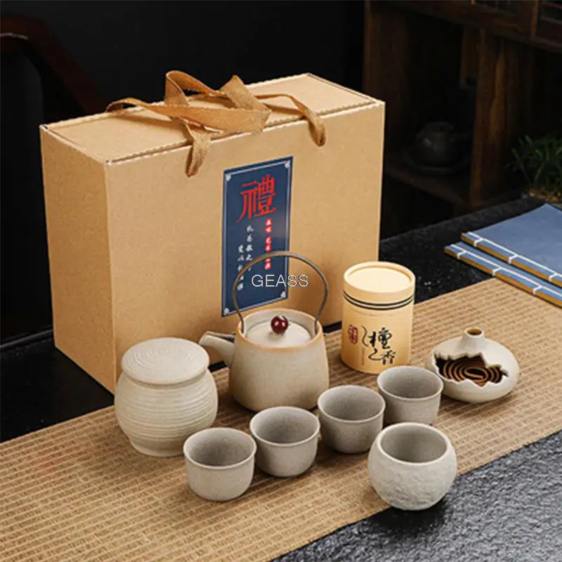 

Chinese Stoneware Tea Set Gift Box Set Ceramic Travel Kung Fu Tea Set Incense Road Gifts Household Handle Pot Tea Set