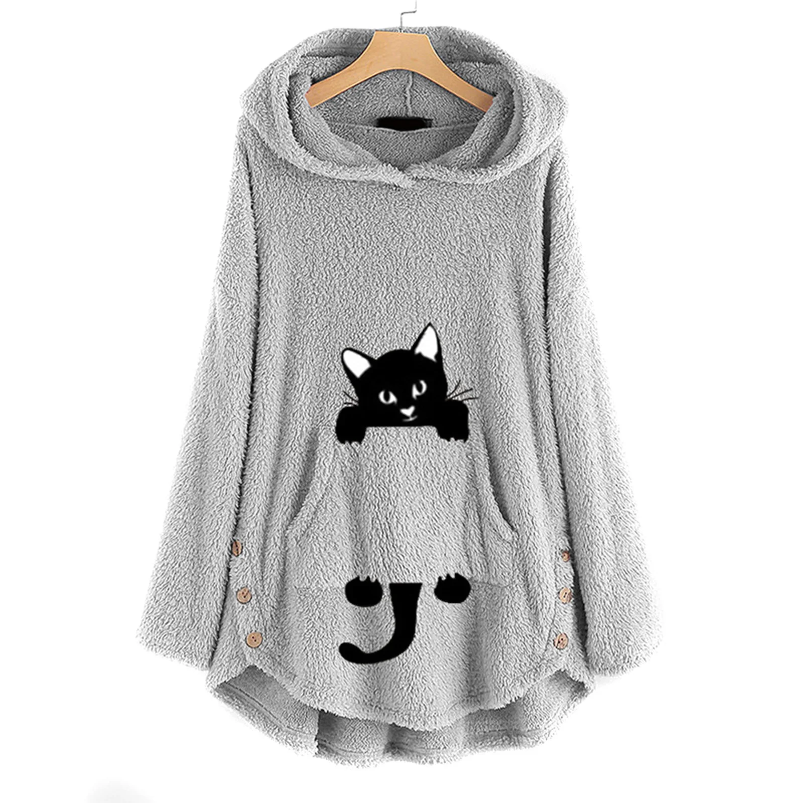 2024 Fashion Women Winter Warm Hooded Mid-Length Pullover Double-Sided Fleece Hoodie Cartoon Embroidered Pullover Sweatshirt