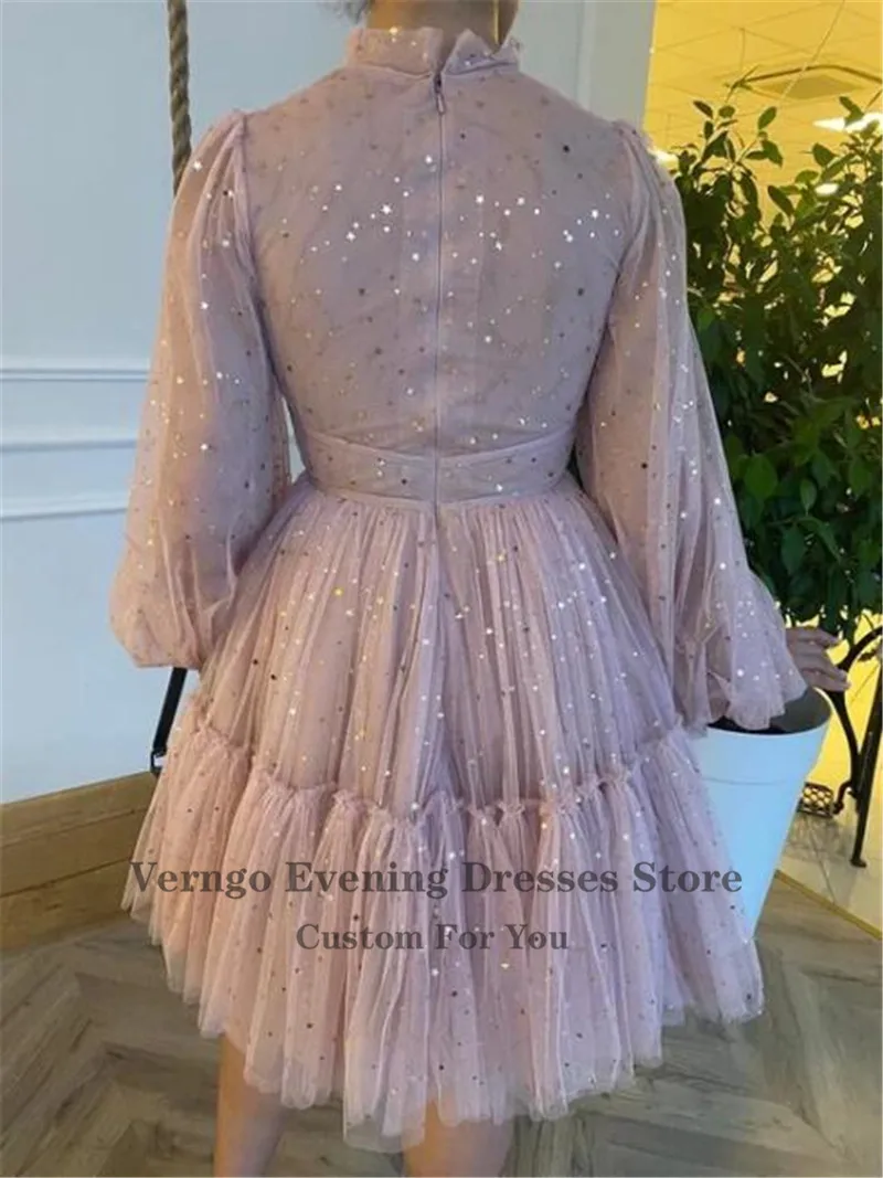 Verngo พาสเทลสีชมพู Starry Tulle ชุดราตรีสั้นแขนยาวคออย่างเป็นทางการ Gowns Glitter Homecoming Dress ที่กําหนดเอง