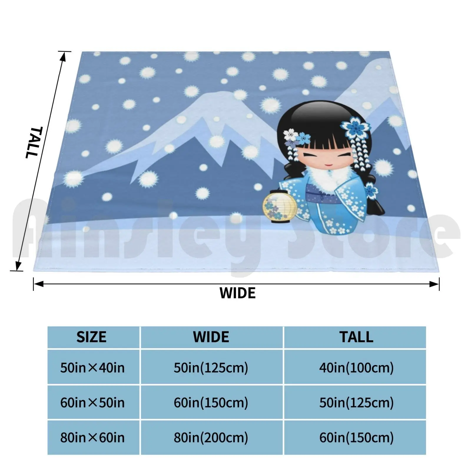 Winter Kokeshi Doll V2 Blanket For Sofa Bed Travel Winter Kokeshi Doll Geisha Kimono Cute Girly Chibi Kawaii