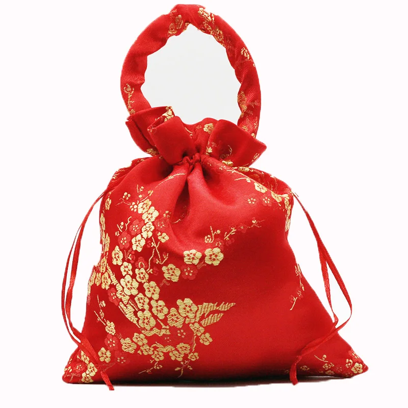 10pcs Tote Chinese Silk Satin Favor Bags with Handle Drawstring Gift Pouch Wedding Party Candy Chocolate Handbag Coin Purse