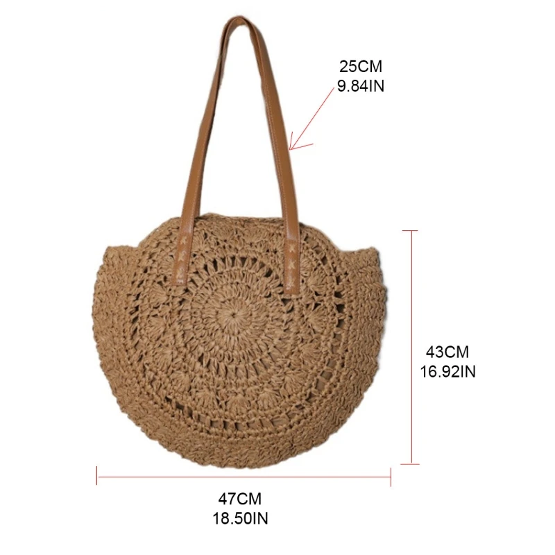 Women's Straw Handbags Large Summer Beach Tote Woven Round Bottom Handle Purse Shoulder Bag Vocation Handbag K5DA