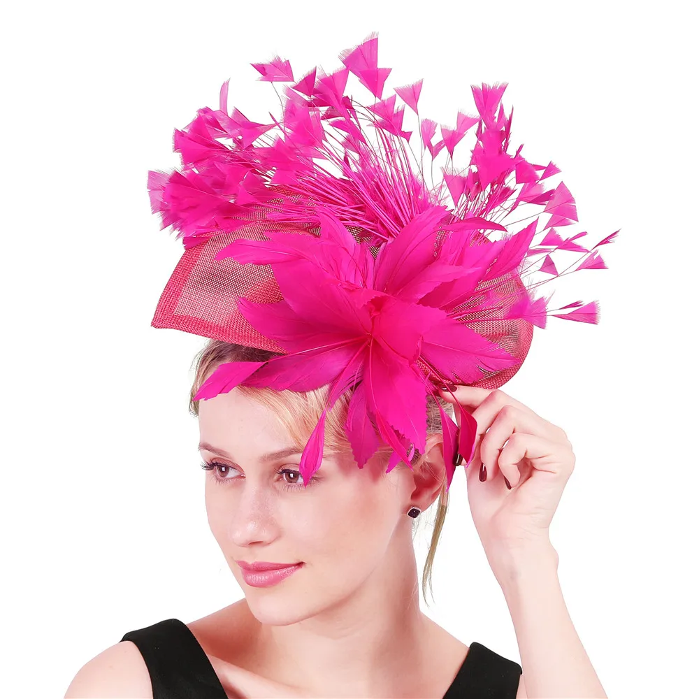 Hot Pink Cocktail Hat Flowers Imitation Sinamay Fascinators Hat Millinery With Feather For Summer Derby Wedding Party Race Event