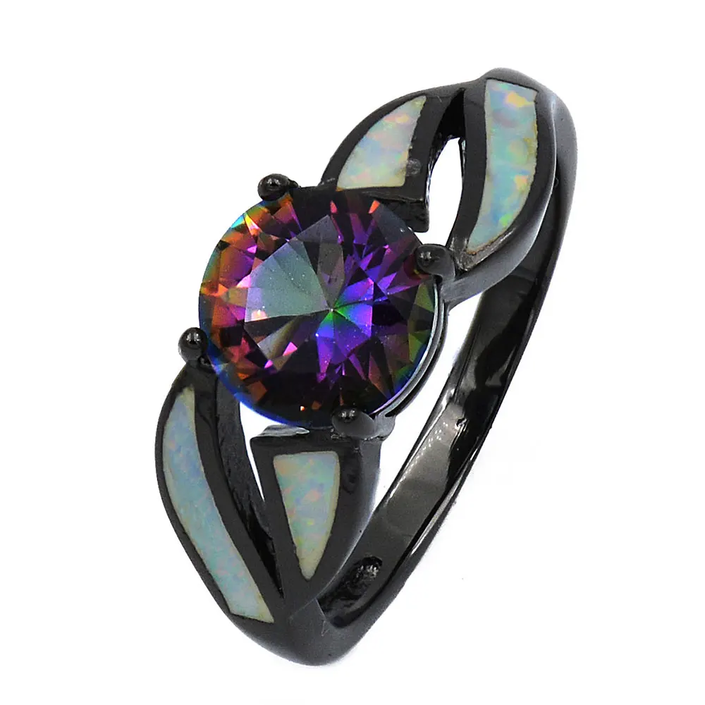 Mystic Rainbow Stone Black Gold Plated Opal Ring