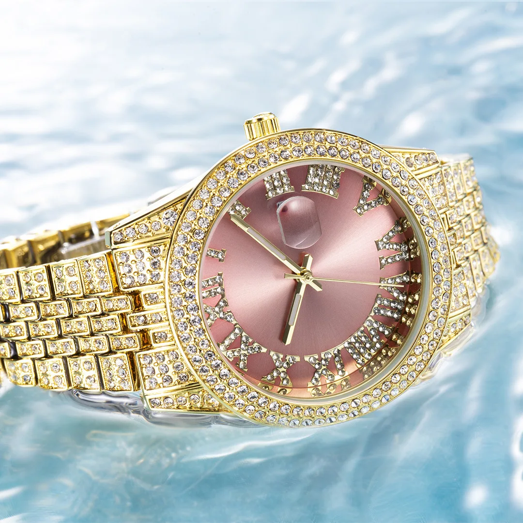 Esfera Rosa romana de lujo para hombres y mujeres, joyería de diamante completo, correa de acero inoxidable con calendario impermeable, reloj femenino